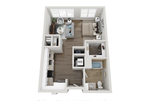 Floor plan for studio, 1 bath, 635 sqft